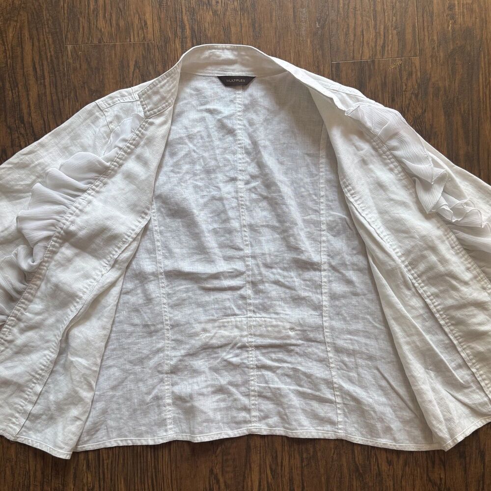 Multiples White Linen Womens Jacket White Ruffle Buttons Flare Sleeve Size XL - Picture 3 of 12